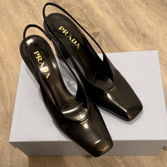 Prada Shoes - Prada Glossy Black Slingback Heels